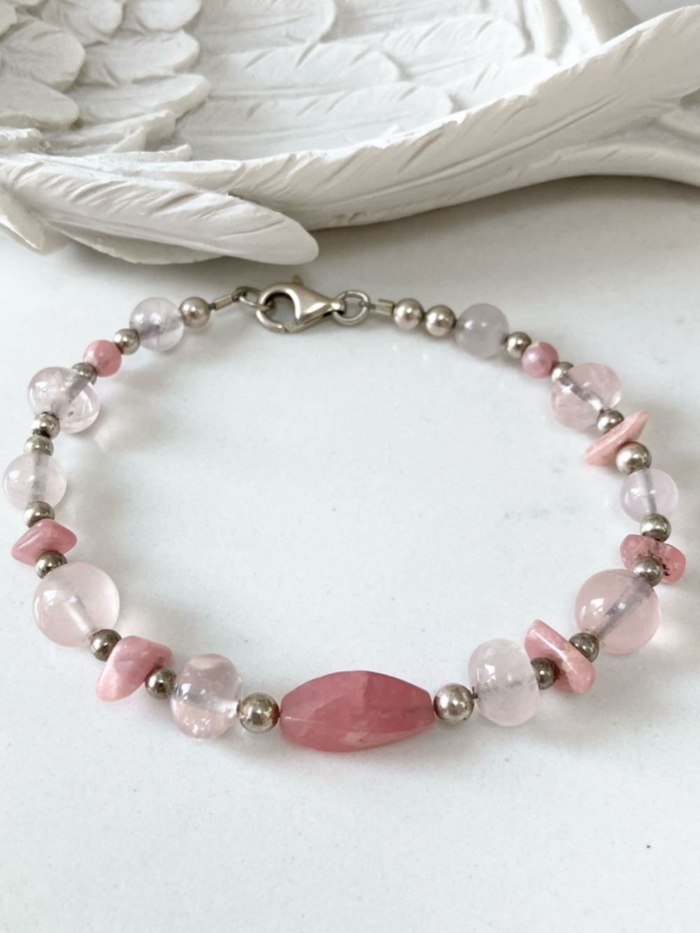 Rose Quartz Beaded Bracelet with Sterling Silver Clasp, 7” - Picture 3 of 5